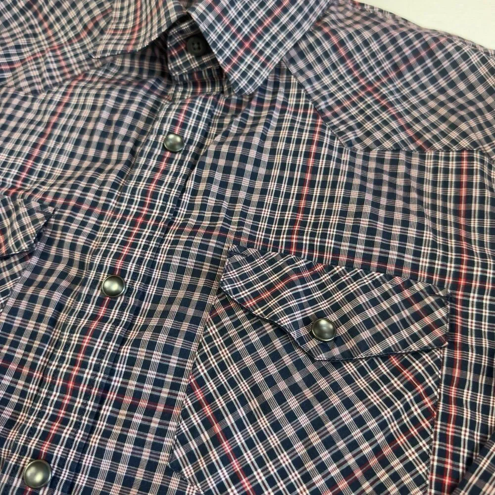 Banana Republic Western Shirt Mens S Pearl Snap Long sleeve Red, Navy Plaid